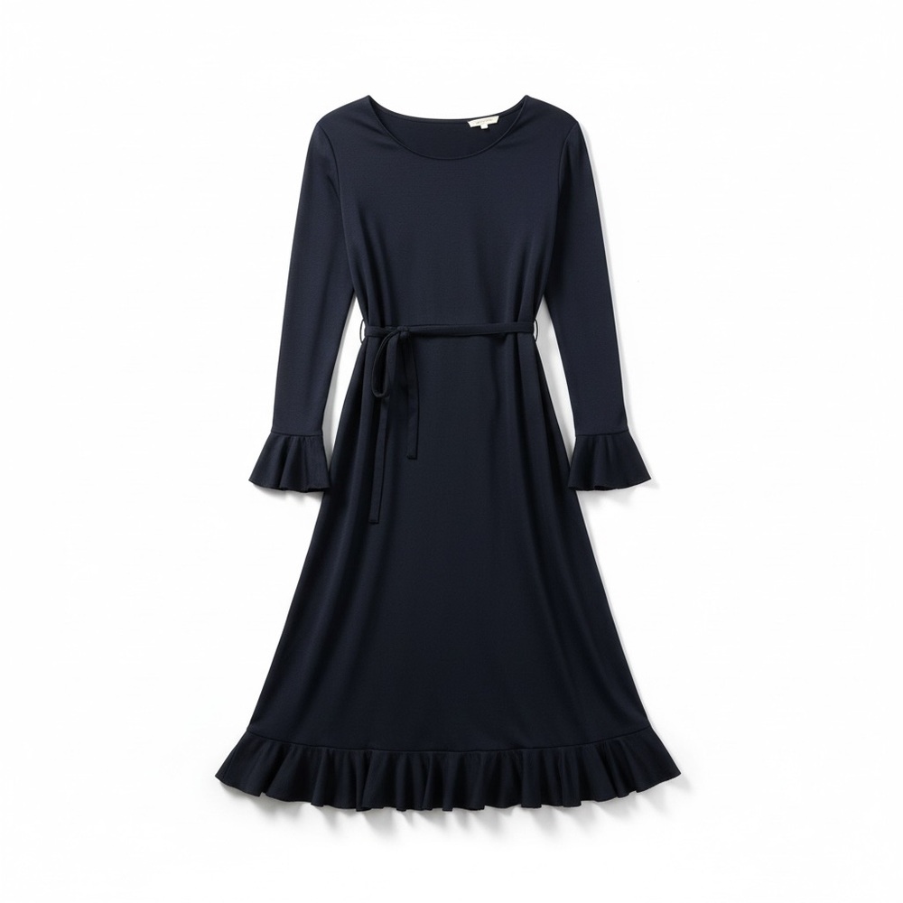 Vintage 70s I. MAGNIN Navy Blue Jersey Knit Ruffles Buttons Day Dress Women M